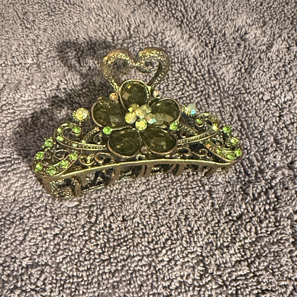 Heavy Duty Floral Hair Clip with Green Rhinestone Accents